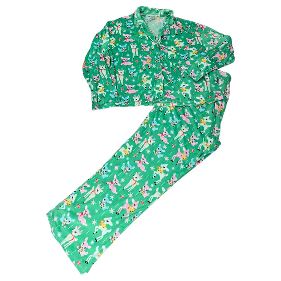 Holiday Time Wom LG Vtg MCM Inspired Reindeer Christmas Pajama PJ Set Velour EUC - Picture 1 of 9